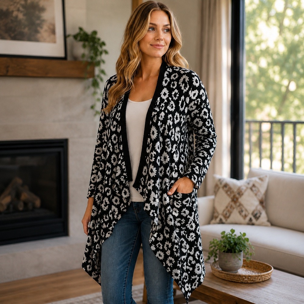 UGG Womens L Waterfall Cardigan Sweater Black White Leopard Open Front Pockets